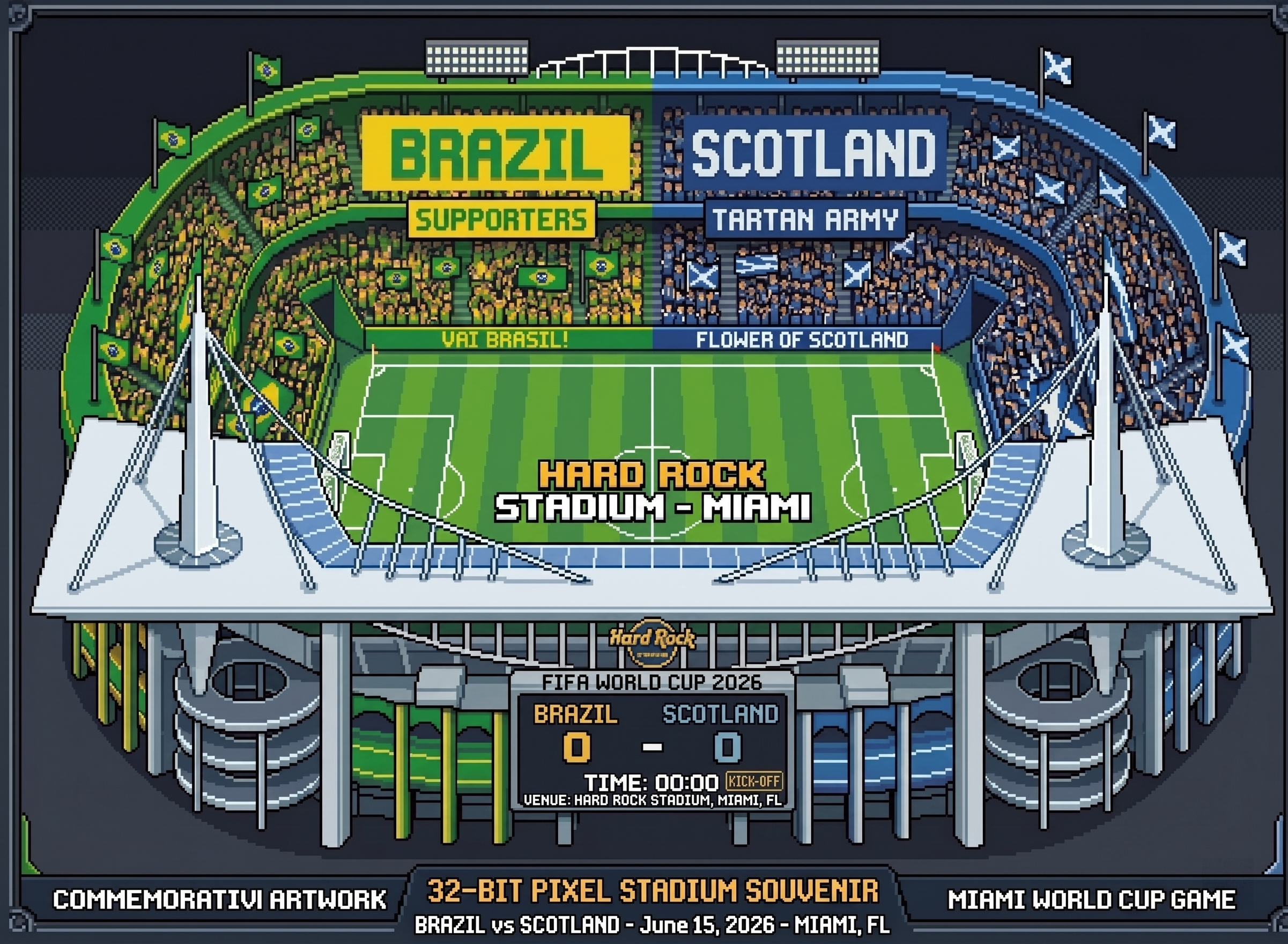 Brazil vs Scotland FIFA World Cup 2026 – 32-Bit Pixel Stadium Souvenir Framed Poster