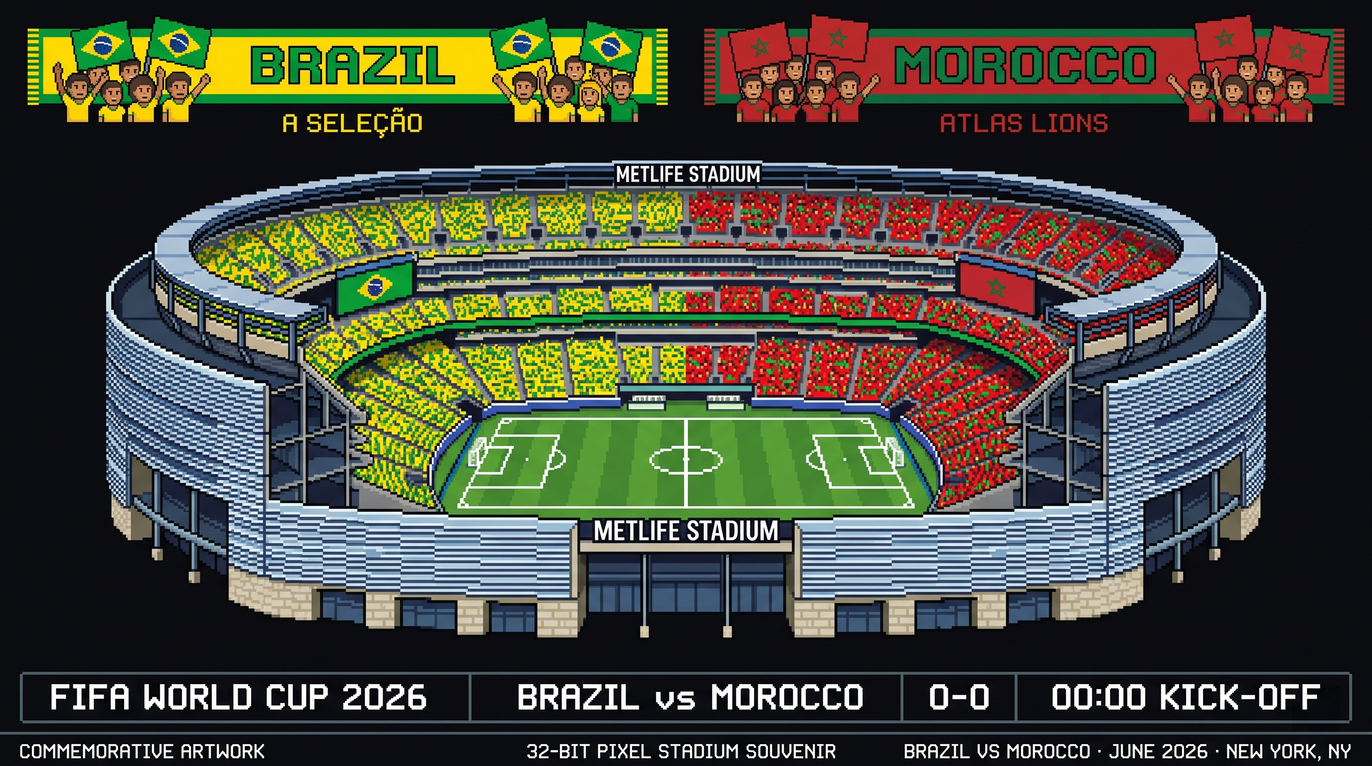 Brazil vs Morocco – New York | World Cup 2026 Pixel Art Poster