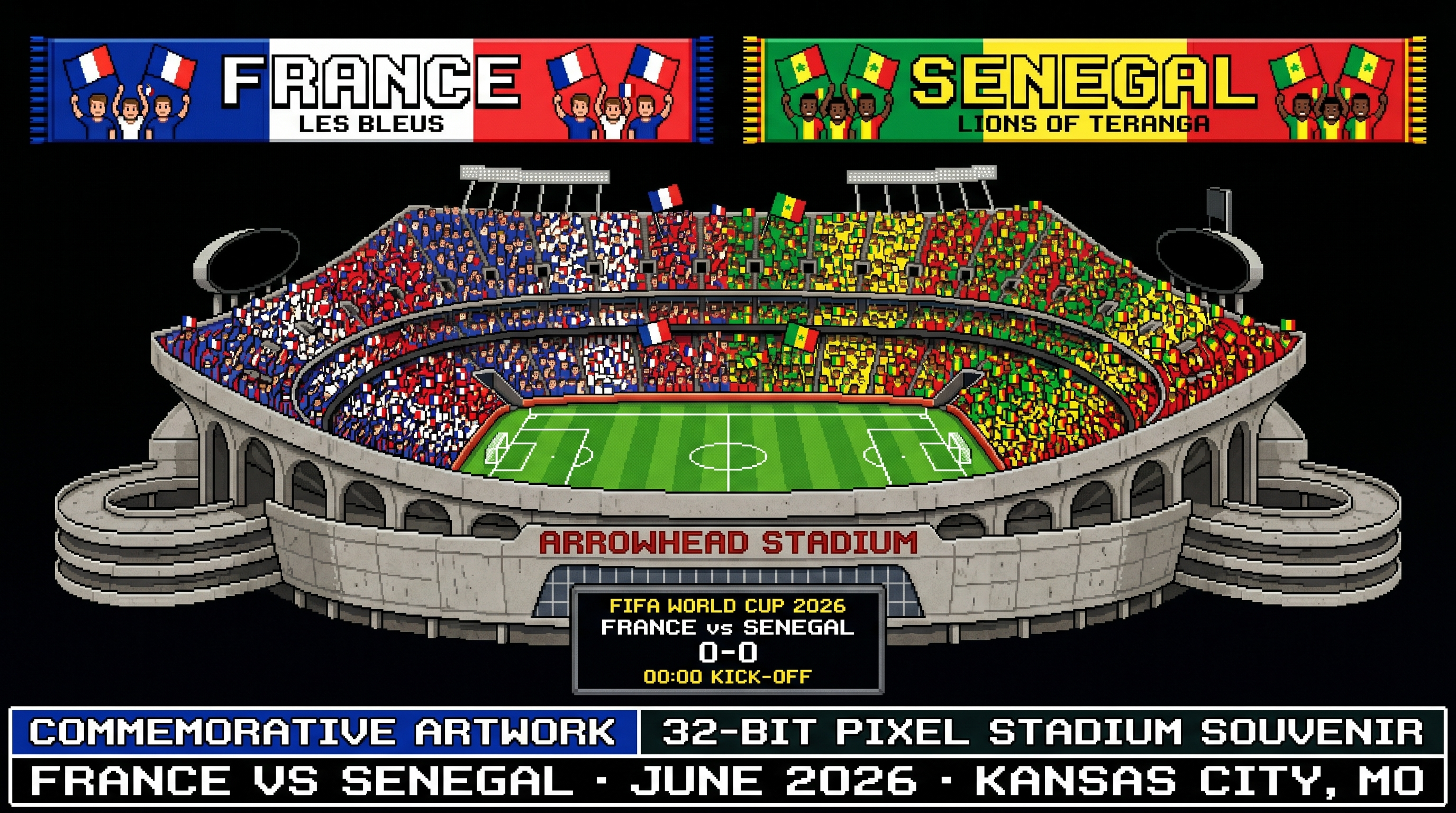 France vs Senegal – Kansas City | World Cup 2026 Pixel Art Poster