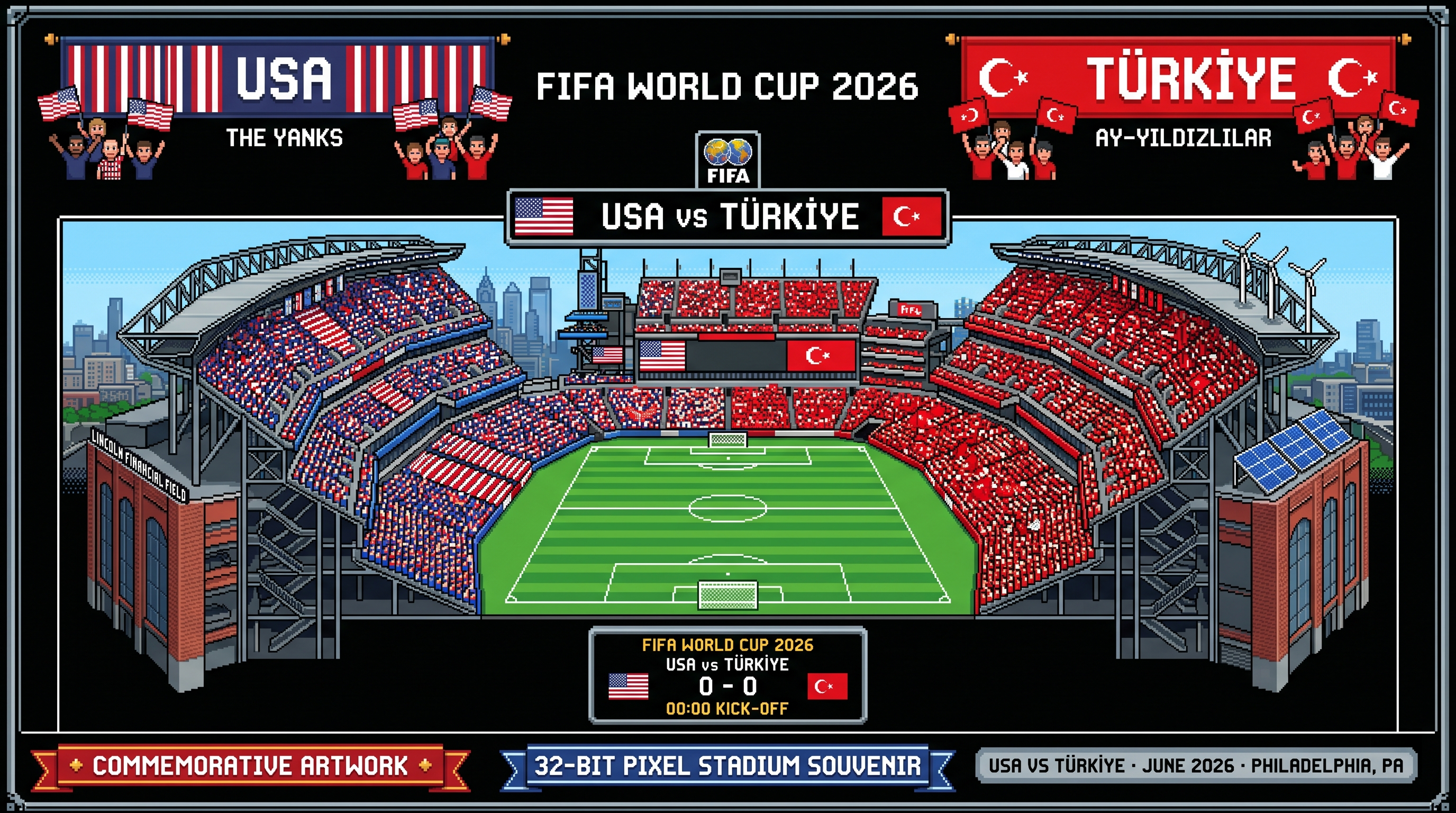 USA vs Türkiye – Philadelphia | World Cup 2026 Pixel Art Poster